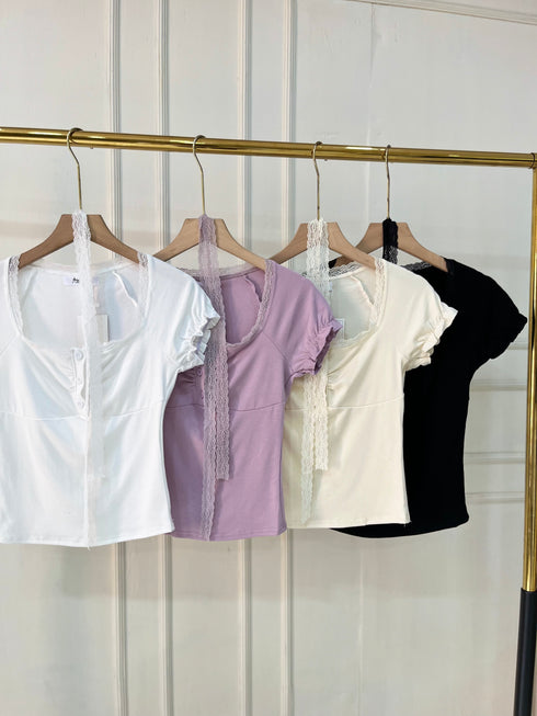 Wide Neck Button Down Lace Detail Tops